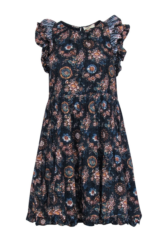 Ulla Johnson - Navy Floral Print Sleeveless Ruffled Mini Dress Sz 4